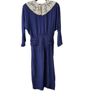 Vintage 80s Nina Piccalino Dress navy dolman statement lace collar junior 5/6
